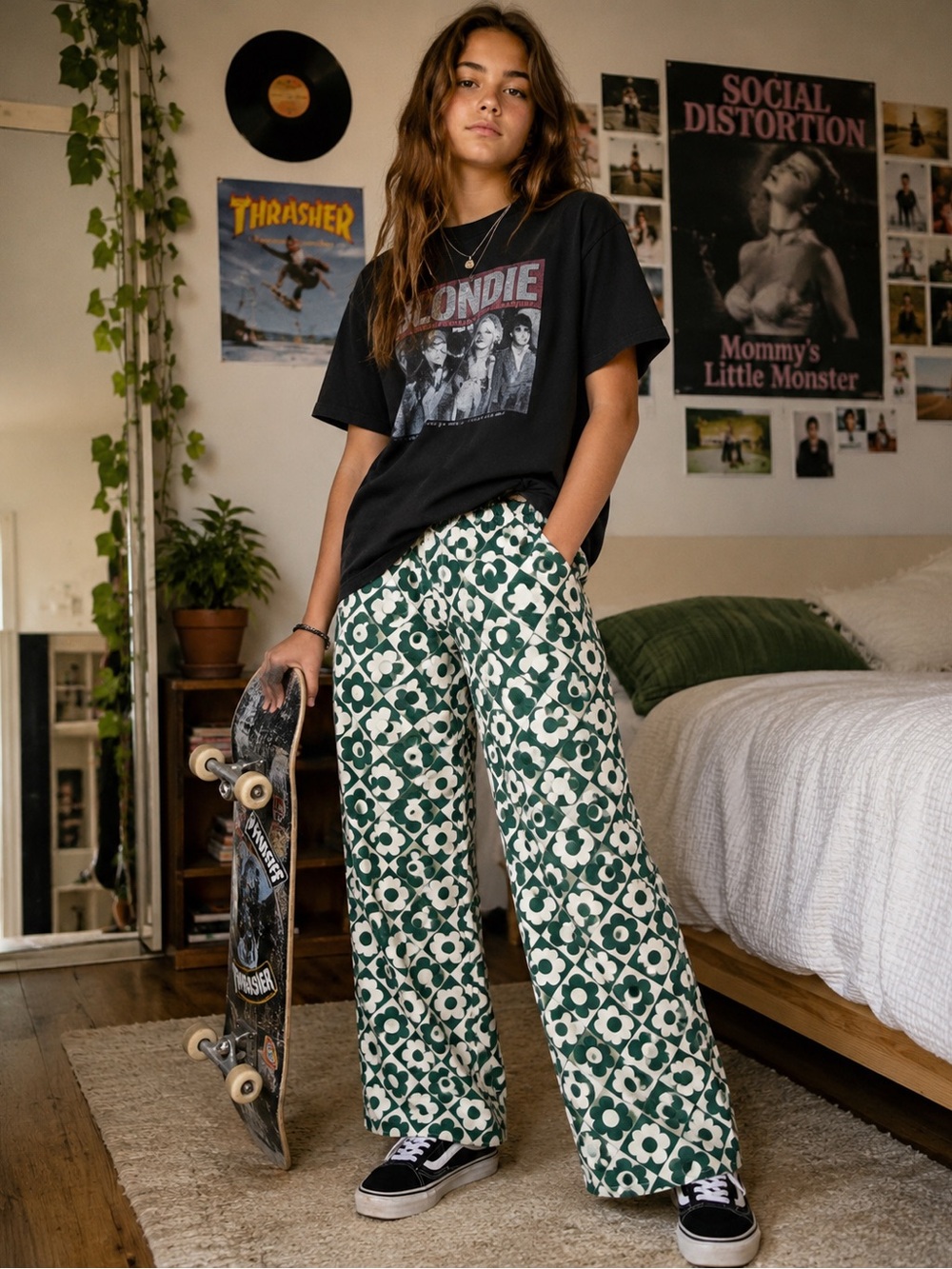 PacSun High-Rise Wide Leg Patterned Pants — Green Floral‎ Print (10/12 Girls)